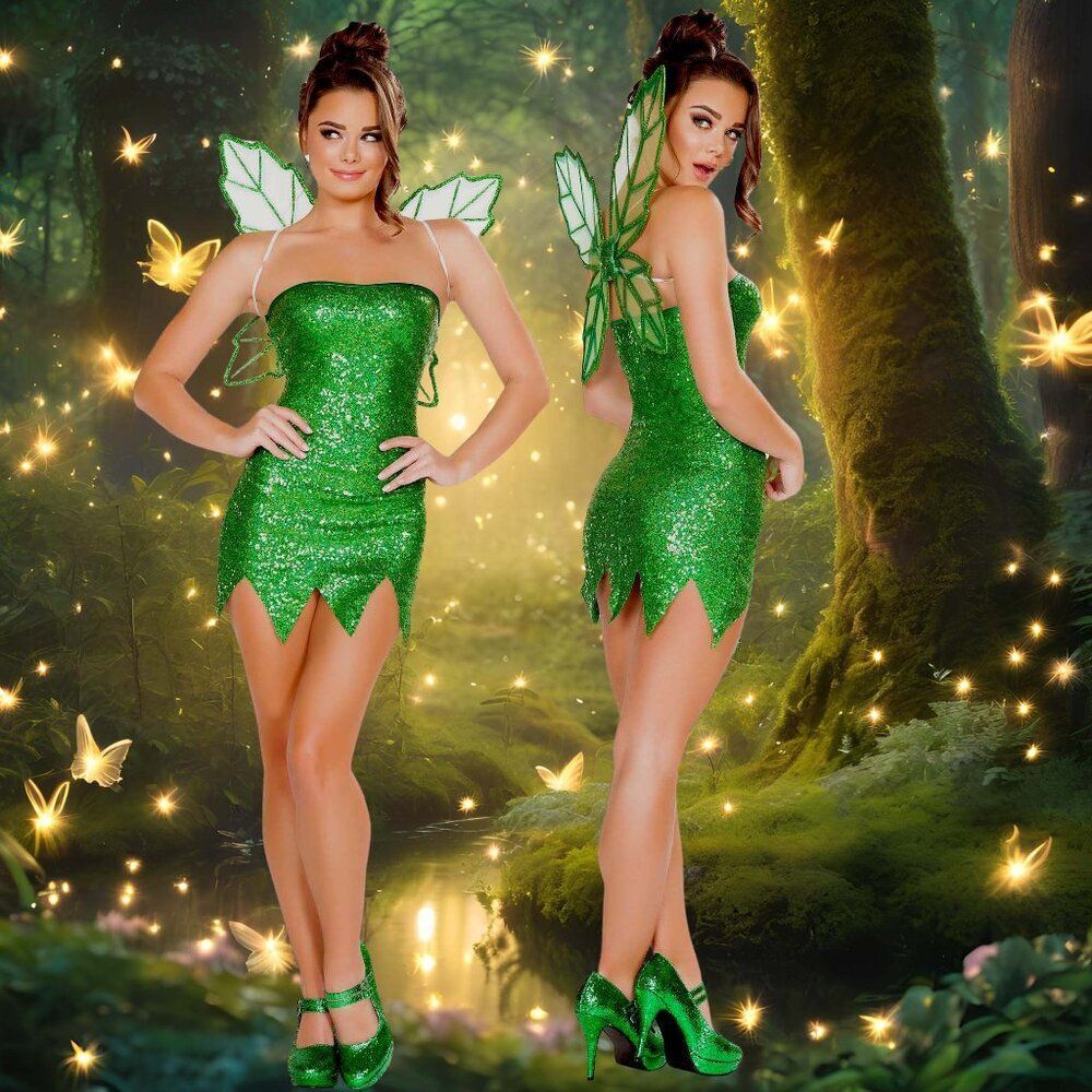 Green Fairy 2Pc Costume Womens Size M Roleplay Cosplay Dress and Wings